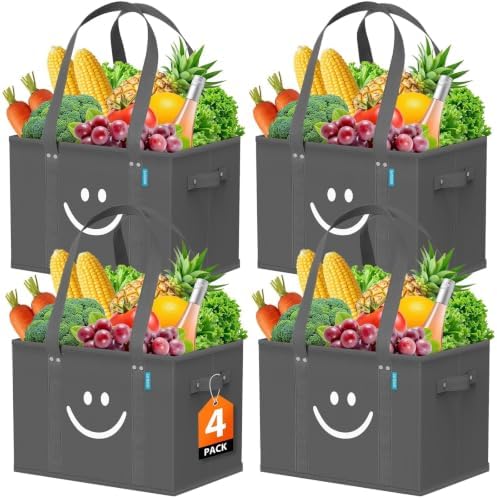 Reusable Grocery Bags 4 PCS, Sturdy Handles & Bottom to Stands Upright