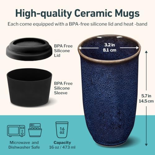 NOVA CERAMICS Coffee Tumbler – Travel Mug - On the Go Coffee Mug – Microwave & Dishwasher Safe Green Coffee Tumbler - Gifts For Women Men Him Her – 16oz – Abyss