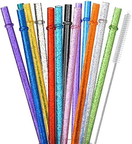 ALINK 12-Pack Reusable Glitter Straws, 13 inch Extra Long Hard Plastic Tumbler Straws for Stanley Cups, 64 oz 40 oz 32 oz Tumblers, Yeti, Mason Jar, Gallon Jug with Brush - Assroted Colored