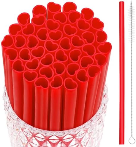 JANYUN 30 Pcs Red Heart Shaped Straws, Reusable Valentines Plastic Straw