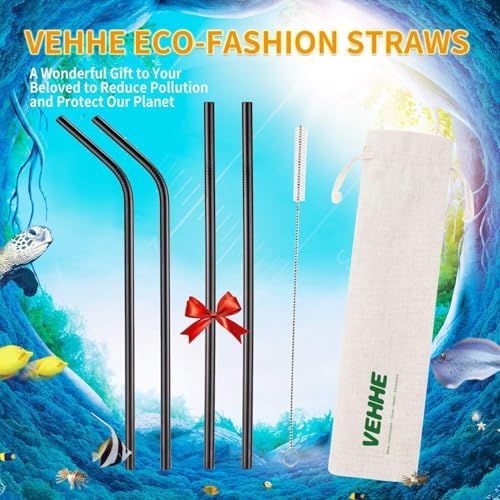 VEHHE Black Metal Straws, Stainless Steel Reusable Straws Set with Brush