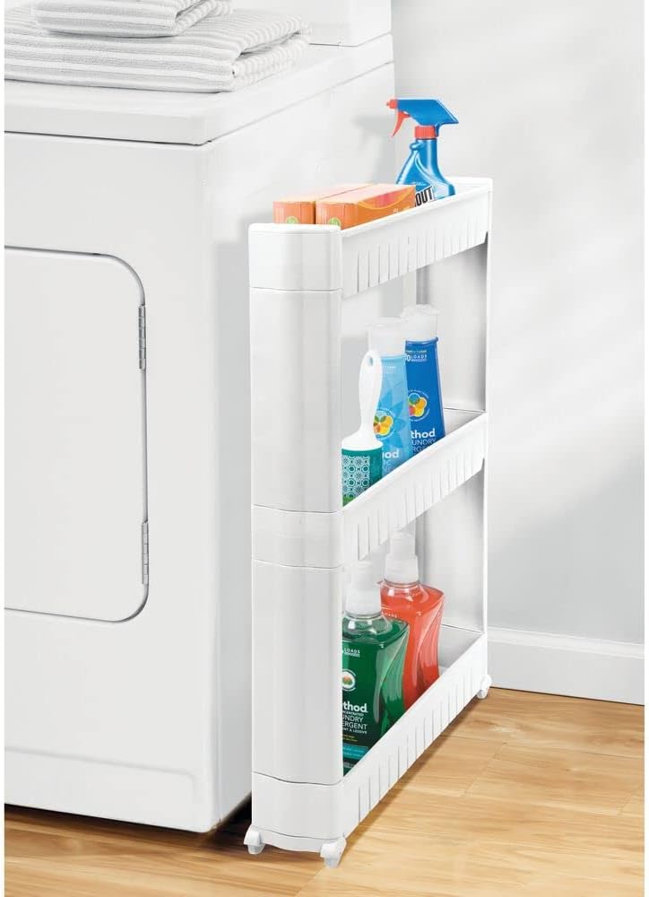 mDesign Slim Plastic Rolling Laundry Utility Cart, Portable Storage Organizer Trolley - Easy-Glide Wheels and 3 Heavy-Duty Shelves, for Laundry, Utility Room, Kitchen or Pantry Storage - White