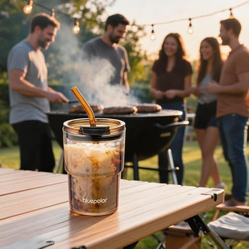 BLUEPOLAR 13oz/400ml Glass Water Tumbler with Straw and Lid Sealed Carry On Thick Wall Iced Coffee Cup Glass Cup for Water, Iced Tea Fruit Juice Etc (Amber-2 Pack)