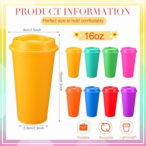 Honeydak 45 Pack 16 oz Reusable Coffee Cups with Lids Water Bottle Iced Coffee Travel Mug Reusable Portable Plastic Tea Tumblers Bulk for Hot and Cold Drinks Birthdays Party (Classic,Rich Colors)