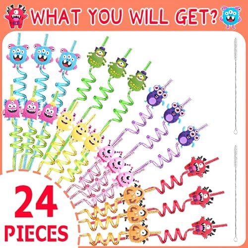 24 Reusable Monster Silly Crazy Straws for Kids School Birthday Party Favor