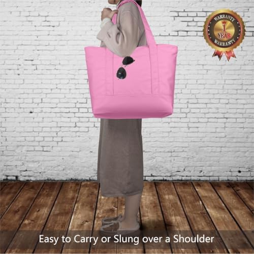 TOPDesign 1-Pack Canvas Tote Bag with an External Pocket, Reusable Grocery Shopping Bag, Top Zipper Closure, Daily Essentials (Pink)
