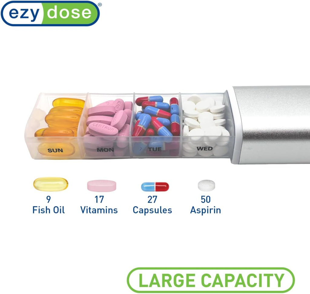EZY DOSE Slide Pill Organizer, Stylish Medication Storage Case with Durable BPA-Free Plastic with Aluminum Exterior, Large 7-Day Weekly Compartments, Tablets, Vitamins, Compact, 9-Inch, Gray