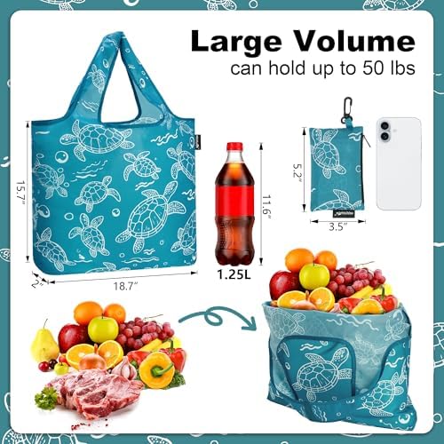 HOLYLUCK Reusable Grocery Bags,Heavy Duty Foldable Shopping Tote Bag (Standard, 3 Turtle)