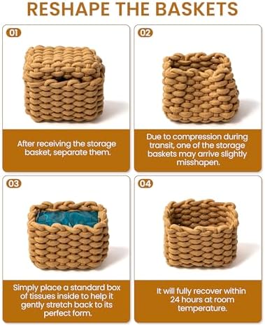 Small Cotton Rope Basket 2 Pack, White Shelf Storage Bins for Desk Vanity