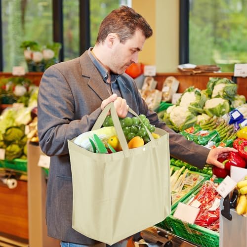 Zhehao 60 Pcs Reusable Grocery Bags Bulk Large Foldable Shopping Tote Bags Non Woven with Handle and Plastic Button(Beige)