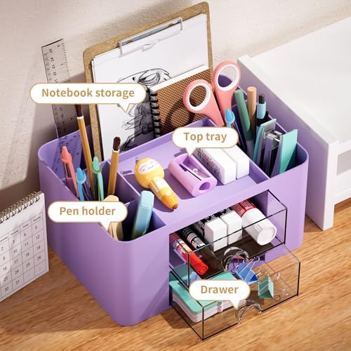 Marbrasse Pen Organizer with 2 Drawer, Multi-Functional Pencil Holder for Desk, Desk Organizers and Accessories with 5 Compartments + Drawer for Office Art Supplies (Purple)