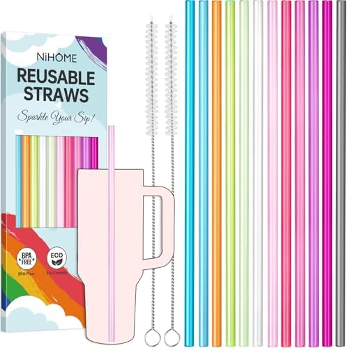 NiHome 12-Pack Plastic Reusable Straws Fit for Stanley 40 30 64 oz Tumbler