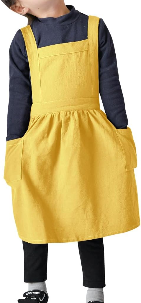OBEEII Kids Aprons for Cooking Cotton Linen Children Baking Kitchen Gardening Painting Apron Pinafore Dress with Pockets