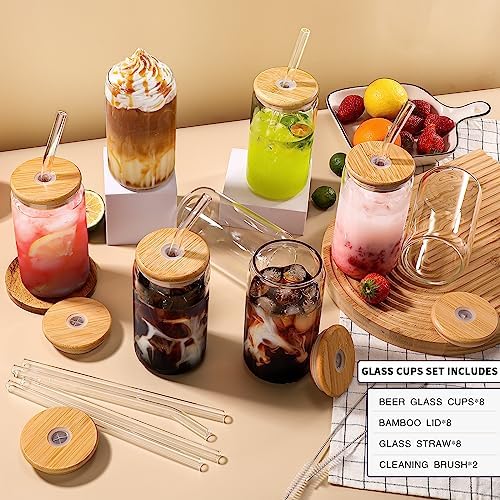 DWTS DANWEITESI Glass Cups with Lids and Straws 8 pcs,16 oz Glass Iced Coffee Cups with Lids-Clear Glass Coffee Cups,Cute Glass Cups for Coffee Bar Accessories Gifts