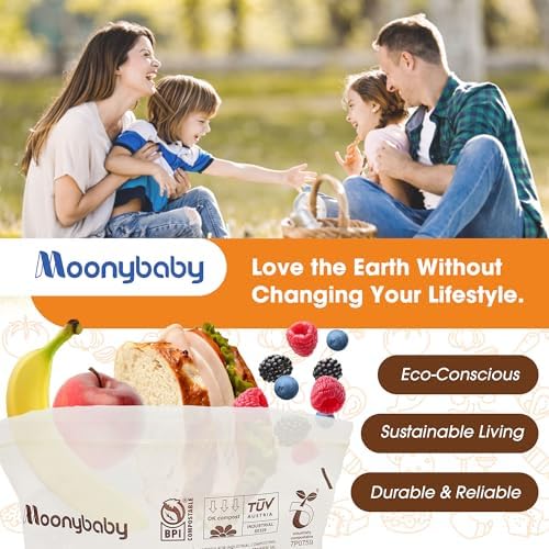 Moonybaby Compostable Sandwich Size Food Storage Bags (30 Count), Organic Food Storage Container with Food-Safe Zip Seal, Freezer and Leak Proof
