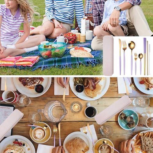 AARAINBOW 8 Pieces Stainless Steel Flatware Set Portable Reusable Cutlery Set Travel Utensils Set Including Chopsticks Knife Fork Spoon Straws Cleaning Brush Dishwasher Safe (Purple Golden)