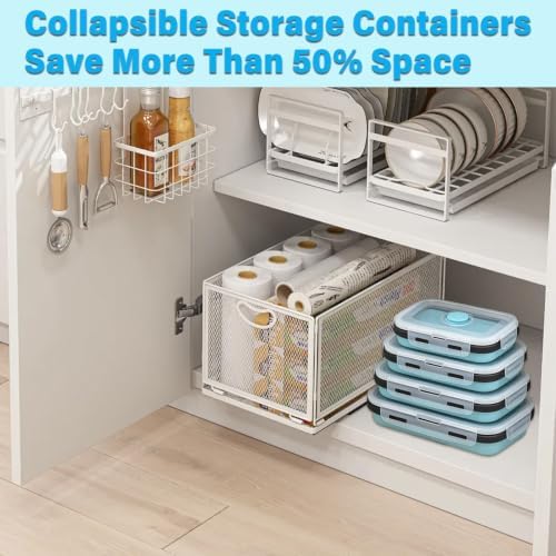 Decorwell 4 Collapsible Food Storage Containers, 12/17/27/40 oz Food-Grade Silicone Set, Leakproof Food Containers for Kitchen Office Camping Picnic, Blue