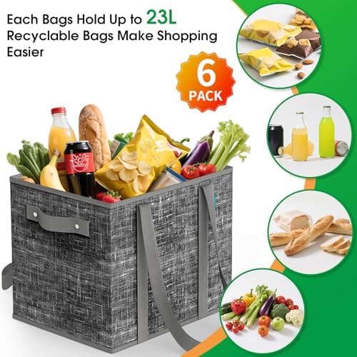 Fab totes Reusable Grocery Bags, Large Foldable Shopping Tote Bags with Reinforced Handles & Hard Bottom,6 Pack, Black