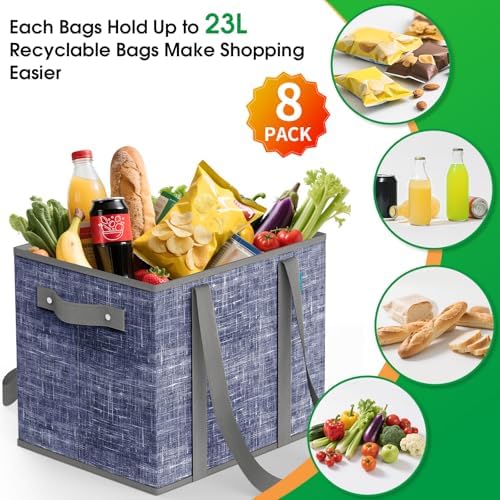 Fab totes Reusable Grocery Bags, Large Foldable Shopping Tote Bags with Reinforced Handles & Hard Bottom,8 Pack,Blue