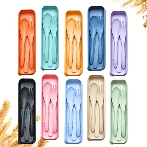 Reusable Travel Utensils Set with Case, 10 Sets Wheat Straw Portable Plastic Fork Spoons Knife Camping Cutlery, Eco-Friendly BPA Free Lunch Tableware for Kids Adults Travel Picnic Utensils