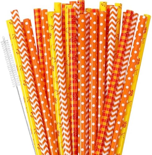 JANYUN 30 Pieces Fall Straws, 9inch Hard Platic Reusable Thanksgiving Drinking Straws Autumn Maple Leaf Pumpkin Straw for Family Party Favors Supplies Cleaning Brush (Orange & Yellow)