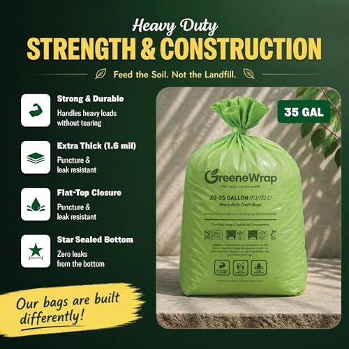 30-35 Gallon Compostable Trash Bags with Flat Top, 20 Count, Heavy Duty 1.6 Mil, Large Outdoor Yard Waste Bags, BPI Certified, ASTM D6400, Compostable Garbage Bags, Fits 30 33 35 Gallon