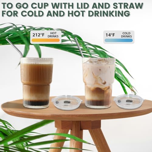 HIGIINC Iced Coffee Cups With Lids and Straws 4 Pcs, 16 OZ Unbreakable Glasses Drinking Set,Clear Plastic Cups Reusable Iced Coffee Tumbler with Lid and Straw, To Go Coffee Cups Dishwasher Safe