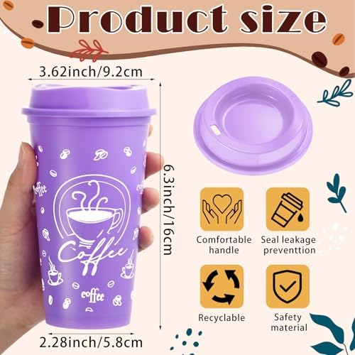 12 Sets Reusable Coffee Cups with Lids, 16oz, Purple Series