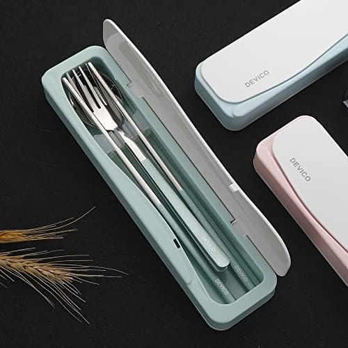 DEVICO Travel Utensils with Case, 4Pcs Portable Silverware Set for Work, 18/8 Stainless Steel Reusable Cutlery, Korean Spoon and Chopsticks Fork for Camping, School, Lunch Box Accessories (Green)