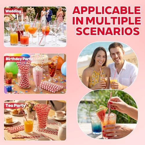 Honeydak 100 Pcs Reusable Plastic Straws Bulk,Red and White Stripe