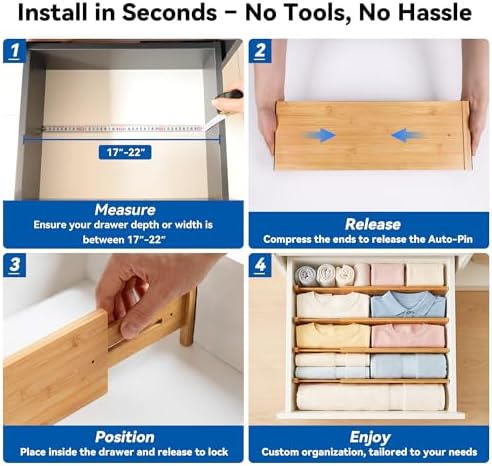 4 Pack 6" Deep Bamboo Drawer Dividers, 17-22" Expandable Kitchen Organizers