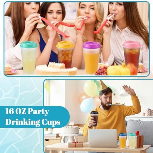 Honeydak 45 Pack 16 oz Reusable Coffee Cups with Lids Water Bottle Iced Coffee Travel Mug Portable Plastic Tea Tumblers Bulk for Hot and Cold Drinks Birthdays Party (Clear with Colors Lid,Classic)