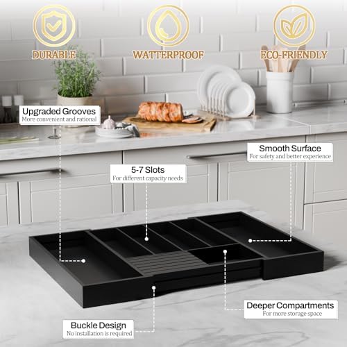 Bamboo Kitchen Silverware Drawer Organizer - Expandable Wood Utensil Holder with Dividers, Luxury Cutlery Storage Tray for Kitchen Utensil and Flatware (5-7 Slots with Removable Knife Block, Black)