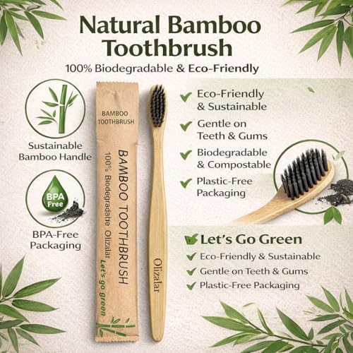 100 Pack Bamboo Toothbrush for Adults, Medium Soft Charcoal Bristles, Eco Friendly Wooden Natural Toothbrushes, Biodegradable Handle Oral Care Toothbrush