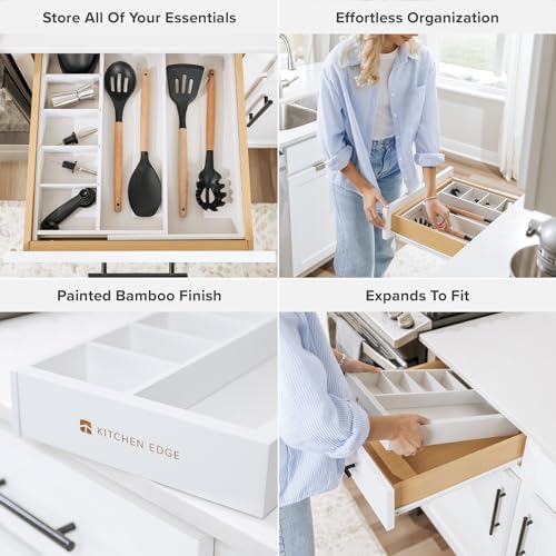 KitchenEdge Utensil & Junk Drawer Organizer, 10.5-19 in, White Bamboo