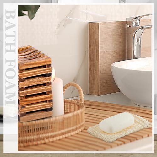 Umigy 60 Pcs Soap Bag Holder Kit, Sisal Mesh Bamboo Tray, Beige, Charcoal