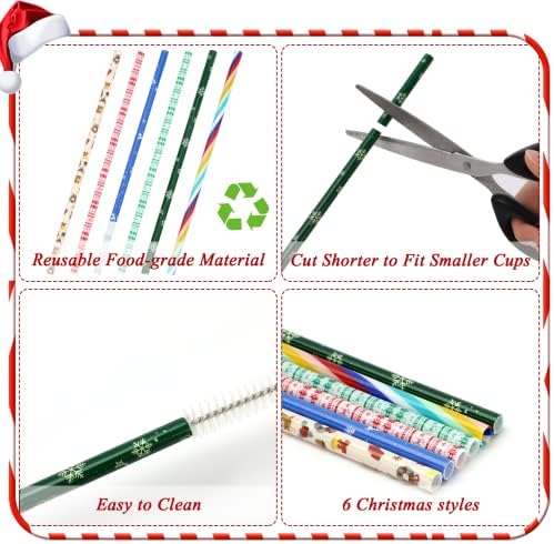 JANYUN 40 Pieces Christmas Straws, BPA-Free 9" Printing Hard Platic Xmas Reusable Drinking Straws for Family or Party Favors Supplies Cleaning Brush Included