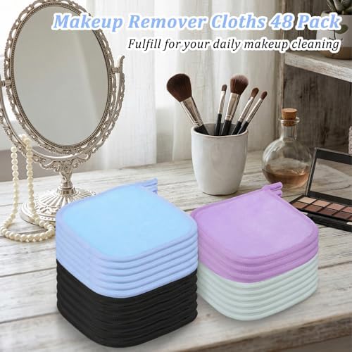 48 Pcs Makeup Remover Cloth Reusable Makeup Remover Pads Soft Microfiber Face Towels Facial Cleansing Cloths for Face Hand Eye Lips Bathroom Gift for Women 6.3 x 5.5 Inch(8 Colors)