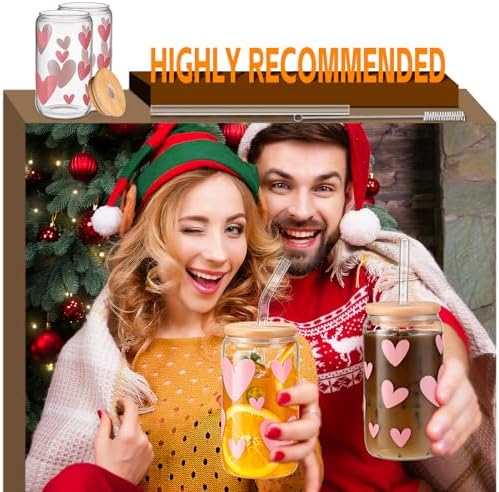 DWTS DANWEITESI Glass Cups with Lids and Straws with Design Pink Hearts 4 pcs,Clear Glass Cups 16 oz-Glass Tumbler,Cute Glass Iced Coffee Cups with Lids and Straws 480ml