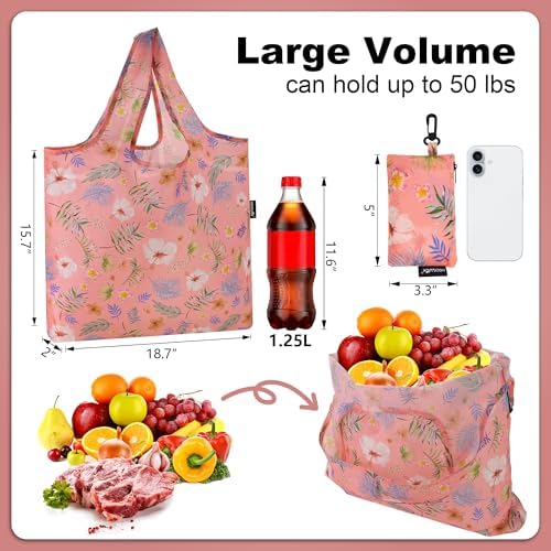 HOLYLUCK Reusable Grocery Bags,Heavy Duty Foldable Shopping Tote Bag (Standard, Pink floral)
