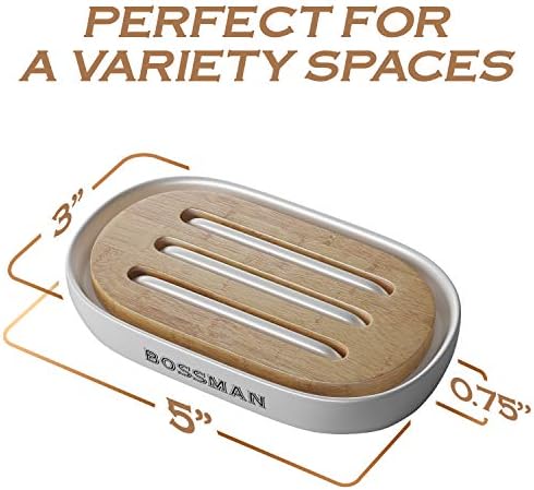 Bossman Natural Bamboo Bathroom Soap Dish w/ Premium Ceramic Base - White