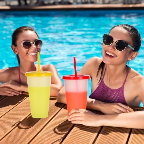 Color Changing Cups, 12 Pack 24oz Plastic Tumblers, Reusable Iced Coffee & Smoothie Cups with Lids and Straws for Parties and Travel (transparent, 12 Pack)
