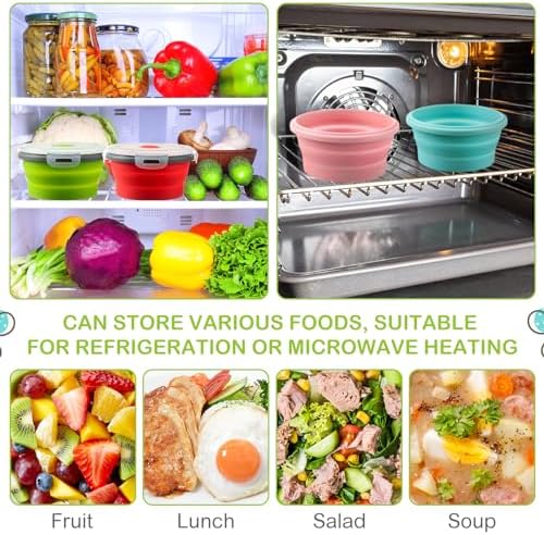 Suclain 4 Pcs Collapsible Bowls with Lids Silicone Camping Food Storage Container Expandable Folding Salad Lunch Box Travel Container for Hiking Camping