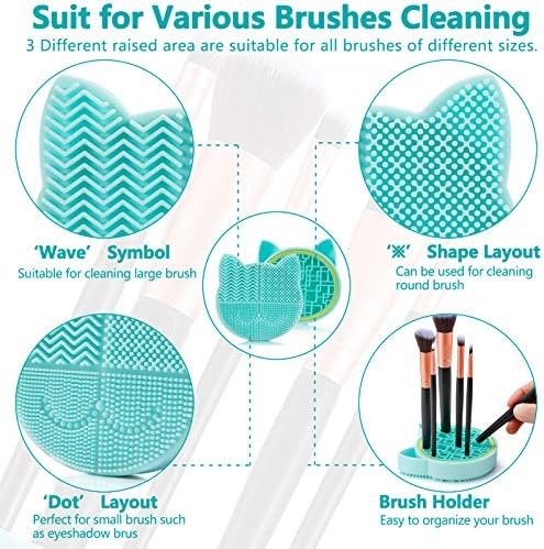 TailaiMei 2 in 1 Makeup Brush Cleaning Mat With Drying Holder, Silicon Cat Shaped Cleaner Pad, Cosmetic Organizer Rack, Portable Washing Tool for Makeup (Green)