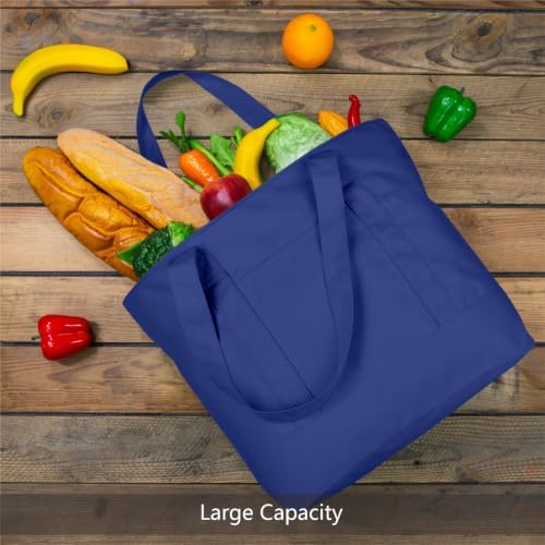 TOPDesign 30-Pack Canvas Tote Bags with an External Pocket, Reusable Grocery Shopping Bags, Top Zipper Closure, Daily Essentials (Blue)