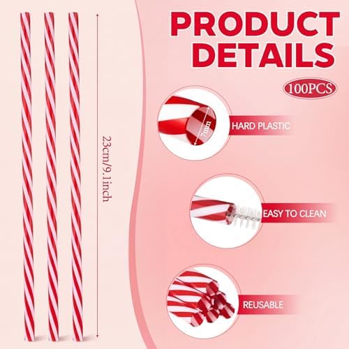 Honeydak 100 Pcs Reusable Plastic Straws Bulk,Red and White Stripe