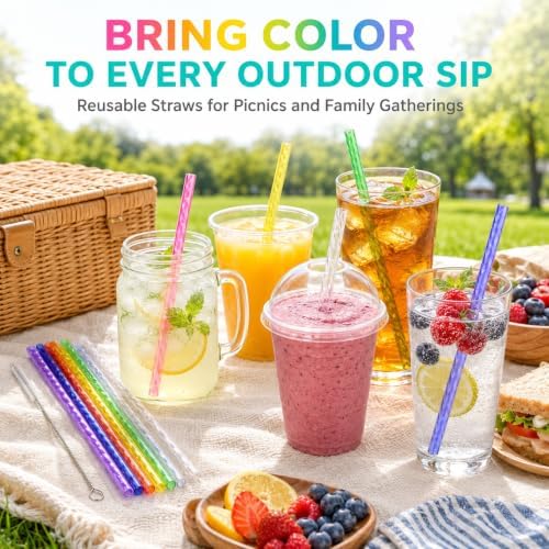 100Pcs Reusable Plastic Straws, 9 Inch Hard Drinking Straws with Cleaning Brush, Colored crystal Straws for Mason Jars, Tumblers, Iced Coffee, Smoothies, Cocktails and Party Cups