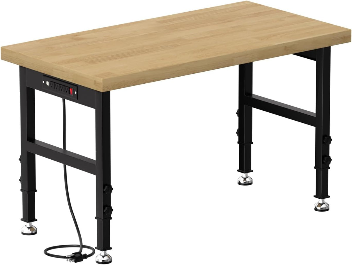 48" Work Bench, Adjustable Height Workbench with Rubber Pad, Heavy-Duty Solid Wood Work Table with Power Outlets, 2000 LBS Capacity Workstation for Garage, Workshop, Office, Home