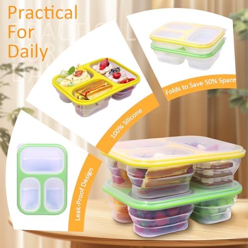 2 Pack Big Collapsible Full Silicone Bento Lunch Boxes With Lids, 3 Compartments, 45.6oz, Clear Divided Lunch Food Storage Containers, Safe in Microwave, Dishwasher and Freezer, BPA Free