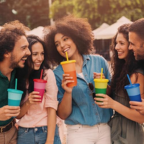Color Changing Cups, 9 Pack 24oz Plastic Tumblers, Reusable Iced Coffee & Smoothie Cups with Lids and Straws for Parties and Travel (Colors, 9 Packs)